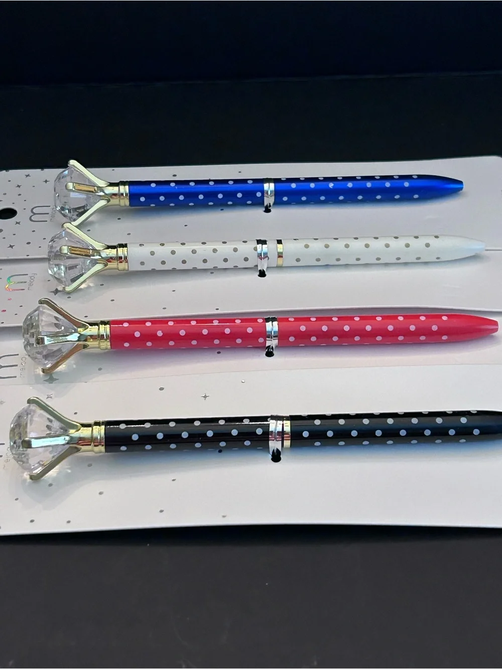 Mint Polka Dot Crystal Top Pens - Blue, White, Red & Black - Set of Four - NWT